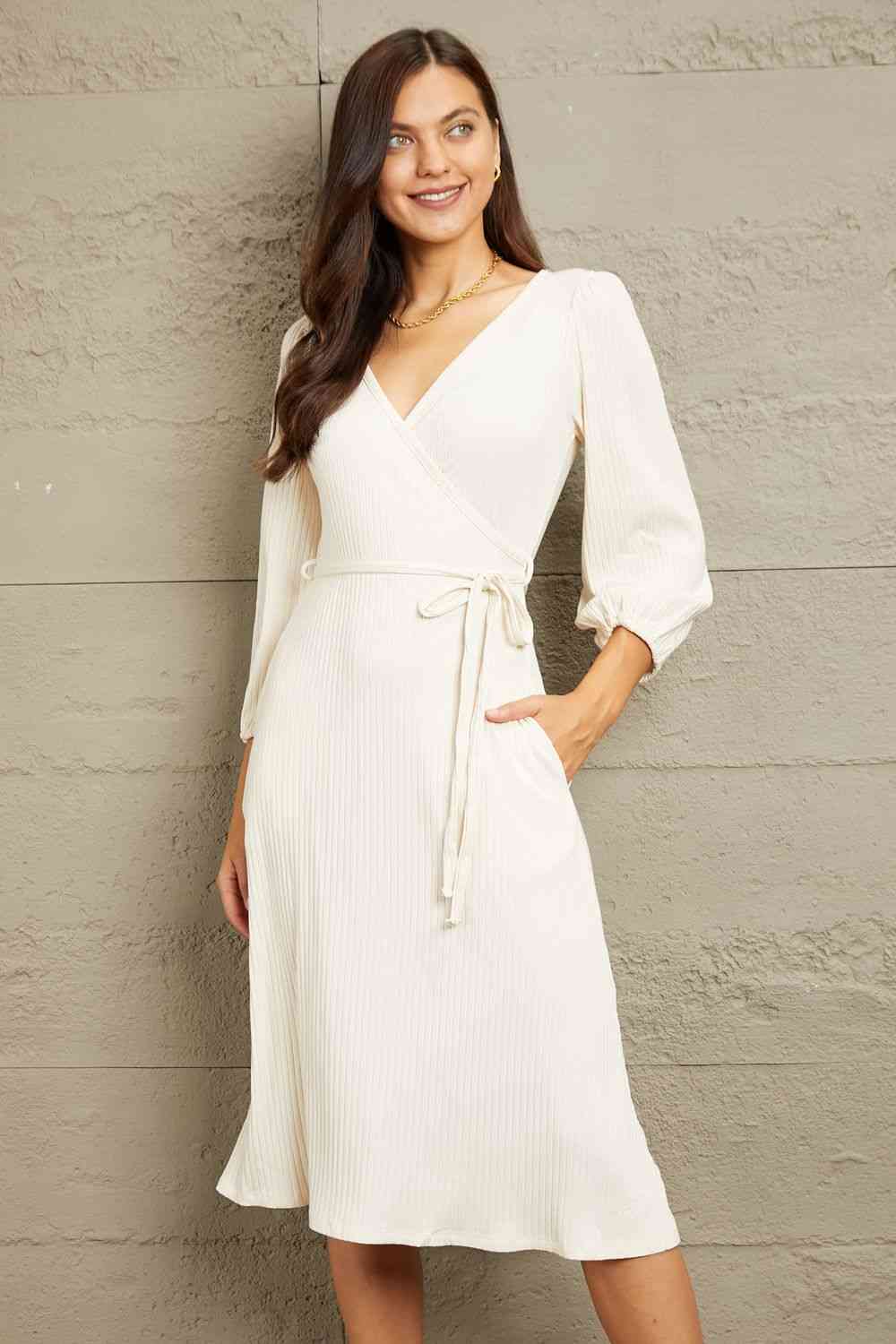 Culture Code Full Size Surplice Flare Ruching Dress featuring a wrap-style design, elegant ruching sleeves, and a flattering A-line silhouette.