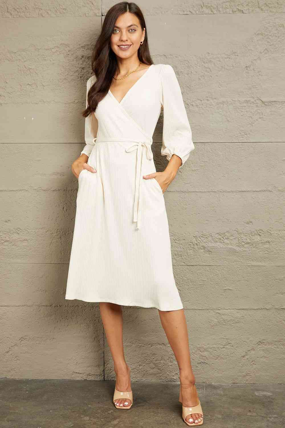 Culture Code Full Size Surplice Flare Ruching Dress featuring a wrap-style design, elegant ruching sleeves, and a flattering A-line silhouette.