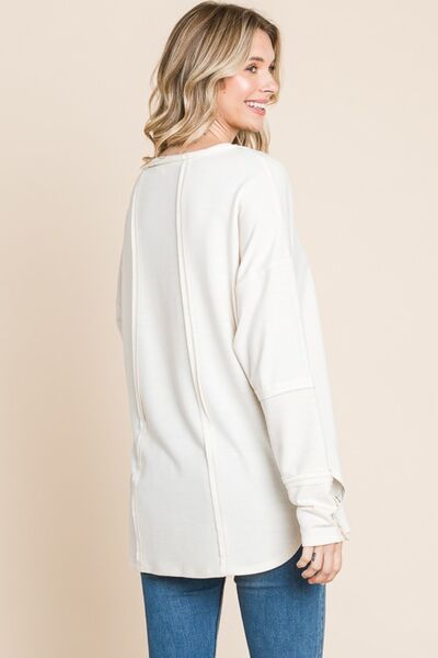 Culture Code Full Size V-Neck Dropped Shoulder Blouse in soft fabric, featuring a relaxed fit and stylish V-neckline.