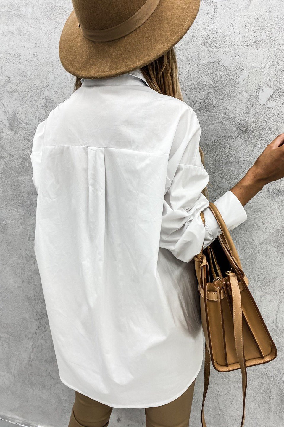 Curved Hem Dropped Sleeve Button Closure Basic Blouse in white, featuring a traditional collar and relaxed fit with button cuffs.