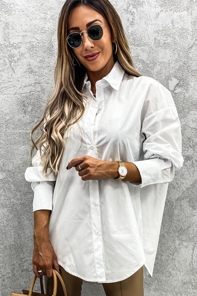 Curved Hem Dropped Sleeve Button Closure Basic Blouse in white, featuring a traditional collar and relaxed fit with button cuffs.