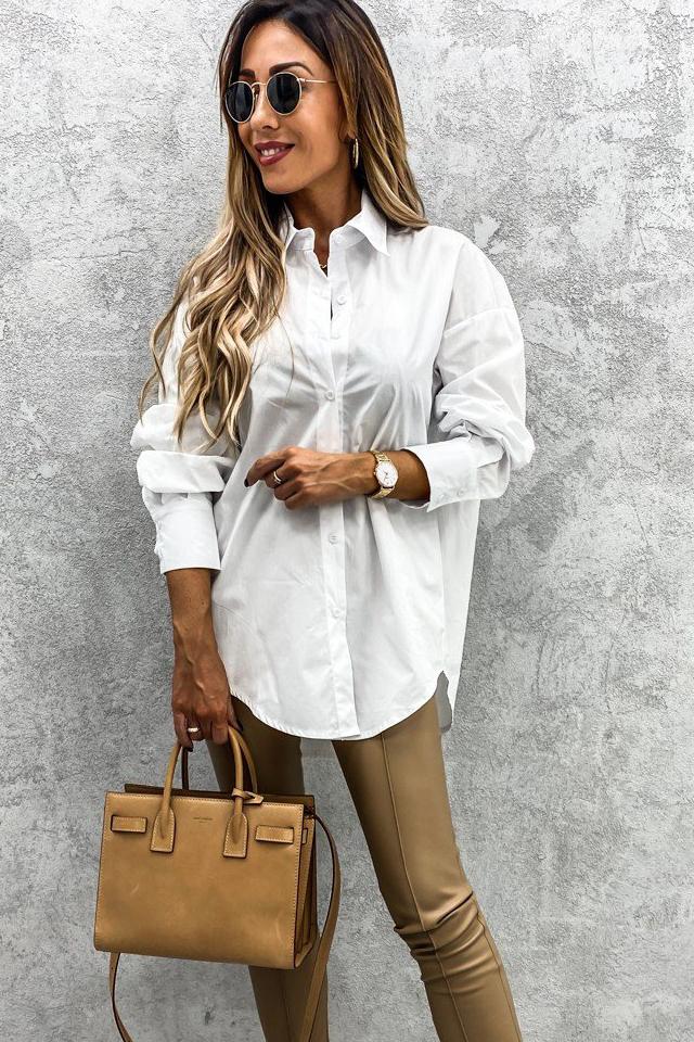 Curved Hem Dropped Sleeve Button Closure Basic Blouse in white, featuring a traditional collar and relaxed fit with button cuffs.