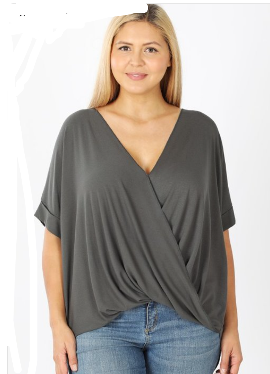 Curvy Girl Rayon Crepe Draped Front Top in gray, featuring a stylish draped front and longer back for a flattering fit.