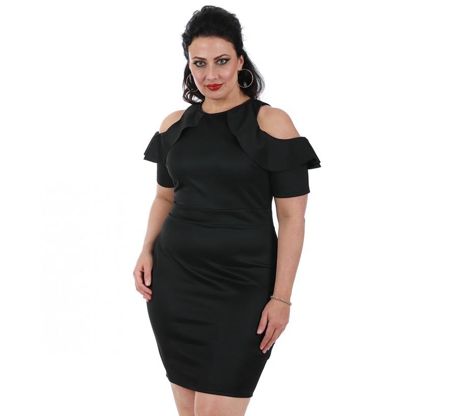 Curvy Plus Size Short Fashion Dress featuring cold shoulder design and ruffled elbow sleeves, knee-length cut, and stylish scoop neckline.