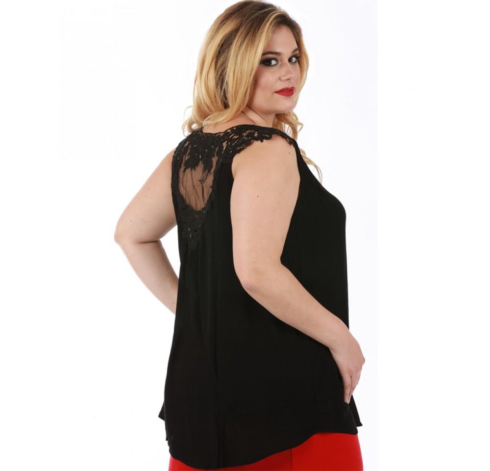 Curvy Plus Size Sleeveless V Neck Top featuring a front tie and lace applique back, perfect for casual wear.