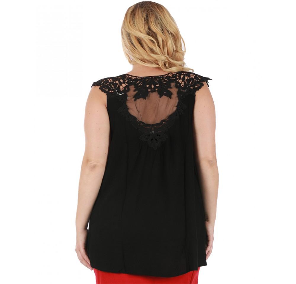 Curvy Plus Size Sleeveless V Neck Top featuring a front tie and lace applique back, perfect for casual wear.