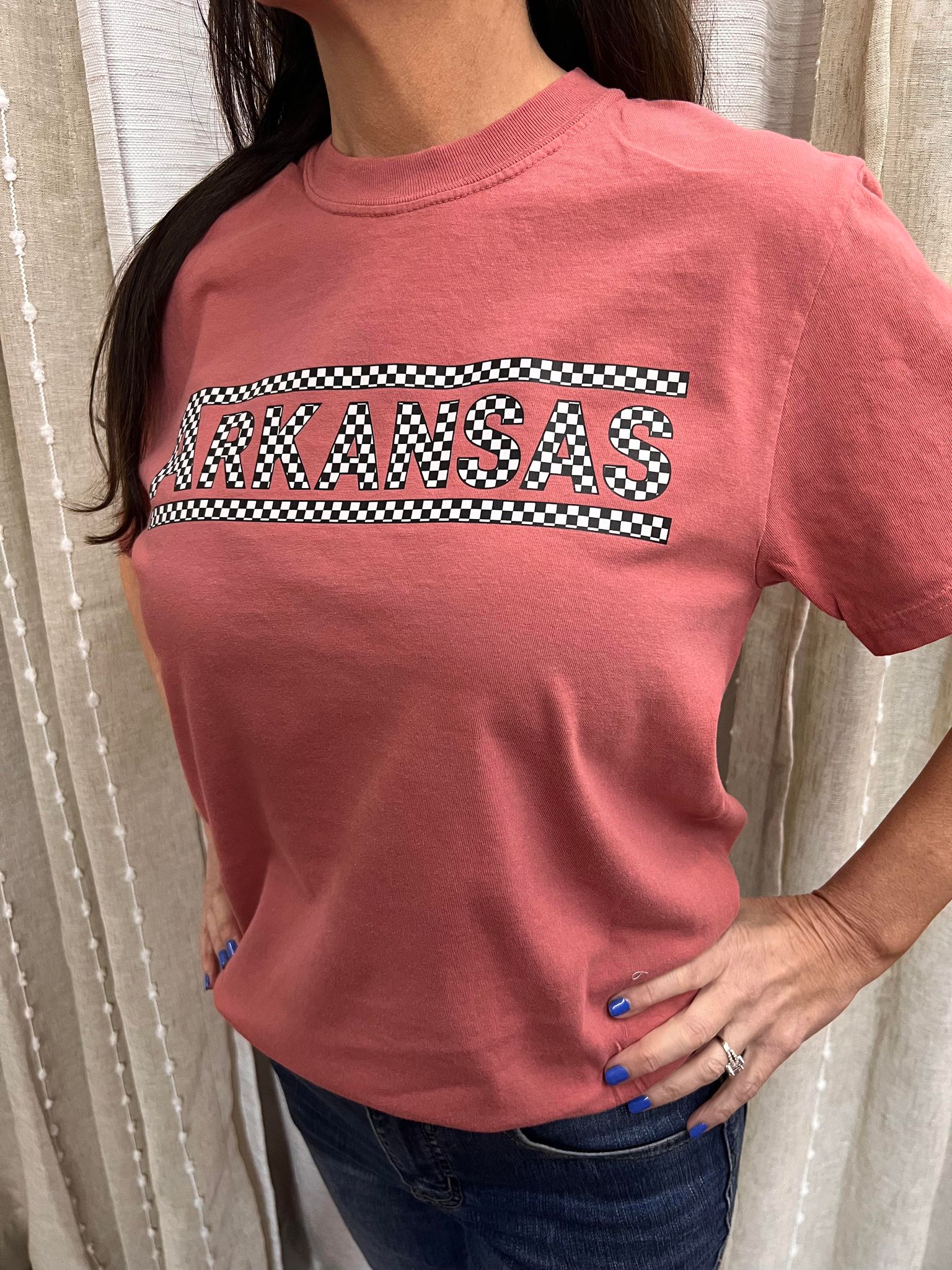 Custom State Checkered Tee in vibrant colors, showcasing its unique design and comfortable fit.