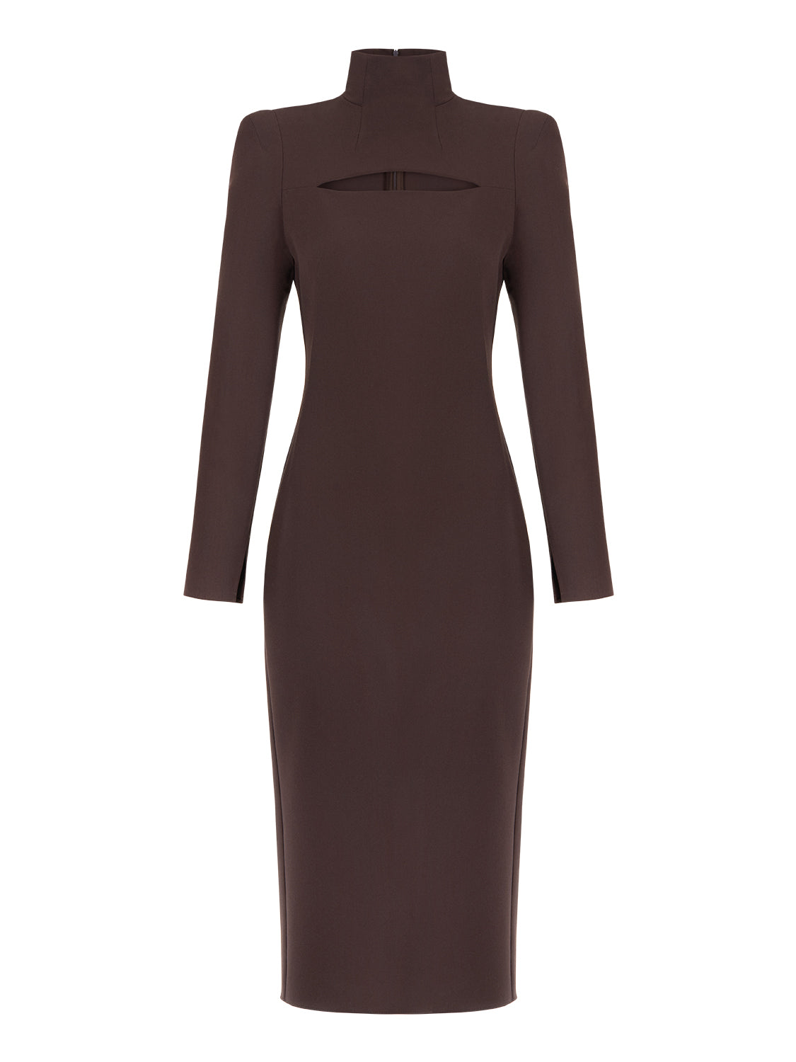 Cut Out Midi Dress in Neo Brown featuring turtleneck, shoulder pads, and long sleeves with slit cuffs.