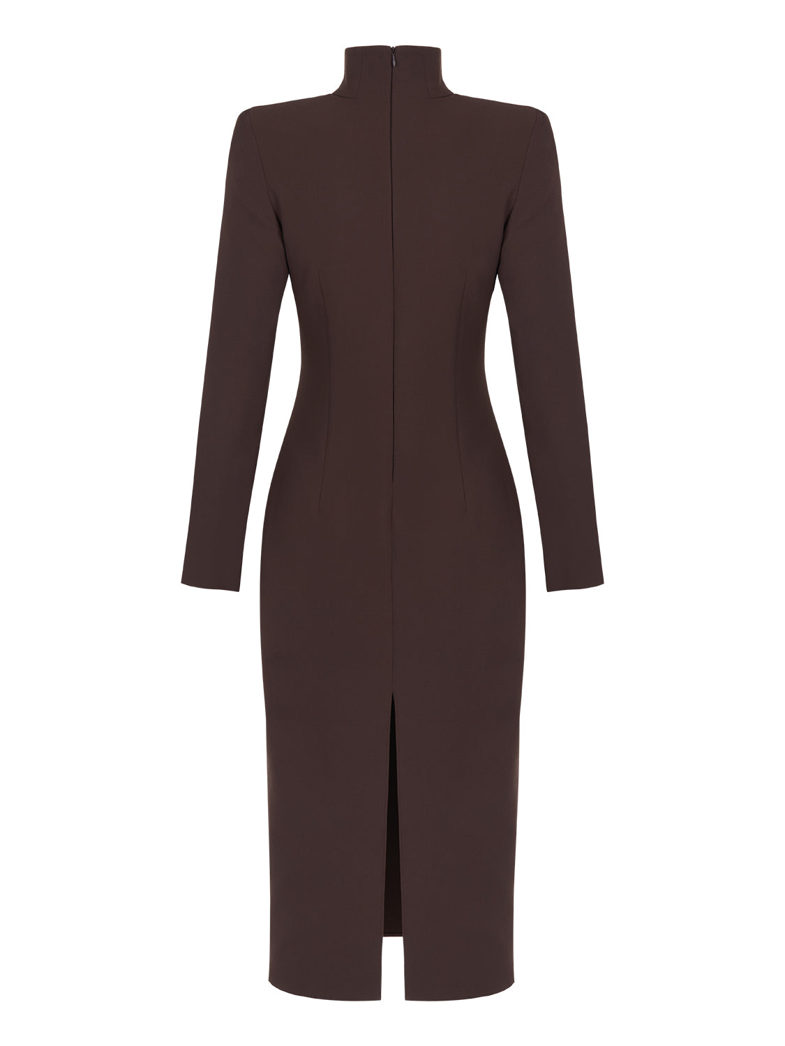 Cut Out Midi Dress in Neo Brown featuring turtleneck, shoulder pads, and long sleeves with slit cuffs.