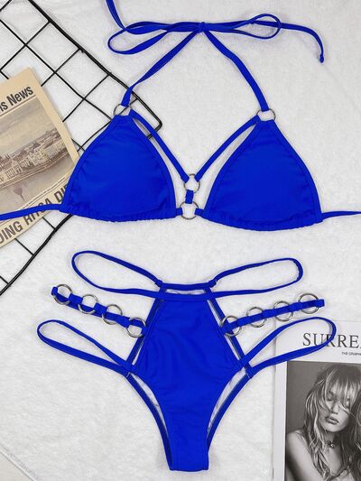 Cutout Halter Neck Two-Piece Bikini Set featuring stylish cutouts and removable padding, perfect for summer beach outings.