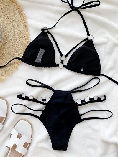 Cutout Halter Neck Two-Piece Bikini Set featuring stylish cutouts and removable padding, perfect for summer beach outings.