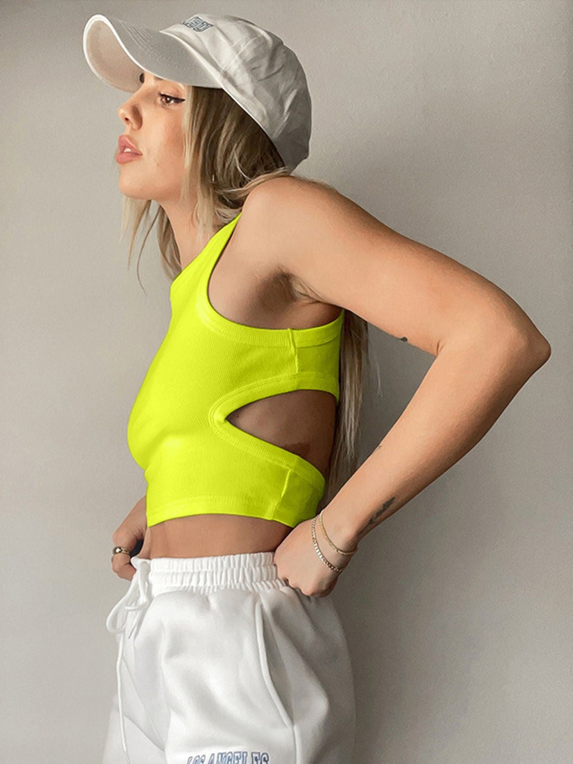 Cutout Round Neck Tank in a stylish design, showcasing its unique cutout feature and comfortable fit.