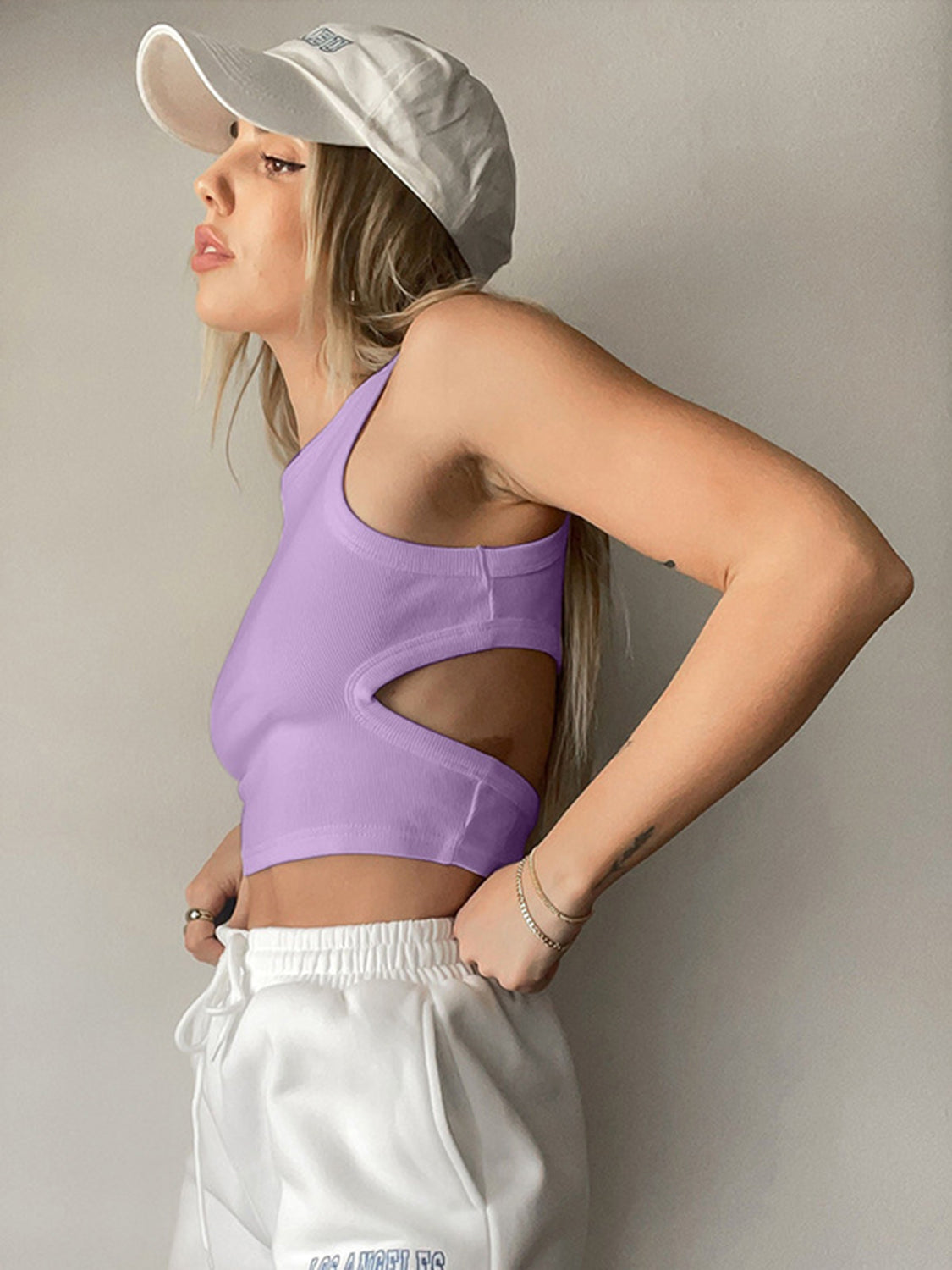 Cutout Round Neck Tank in a stylish design, showcasing its unique cutout feature and comfortable fit.