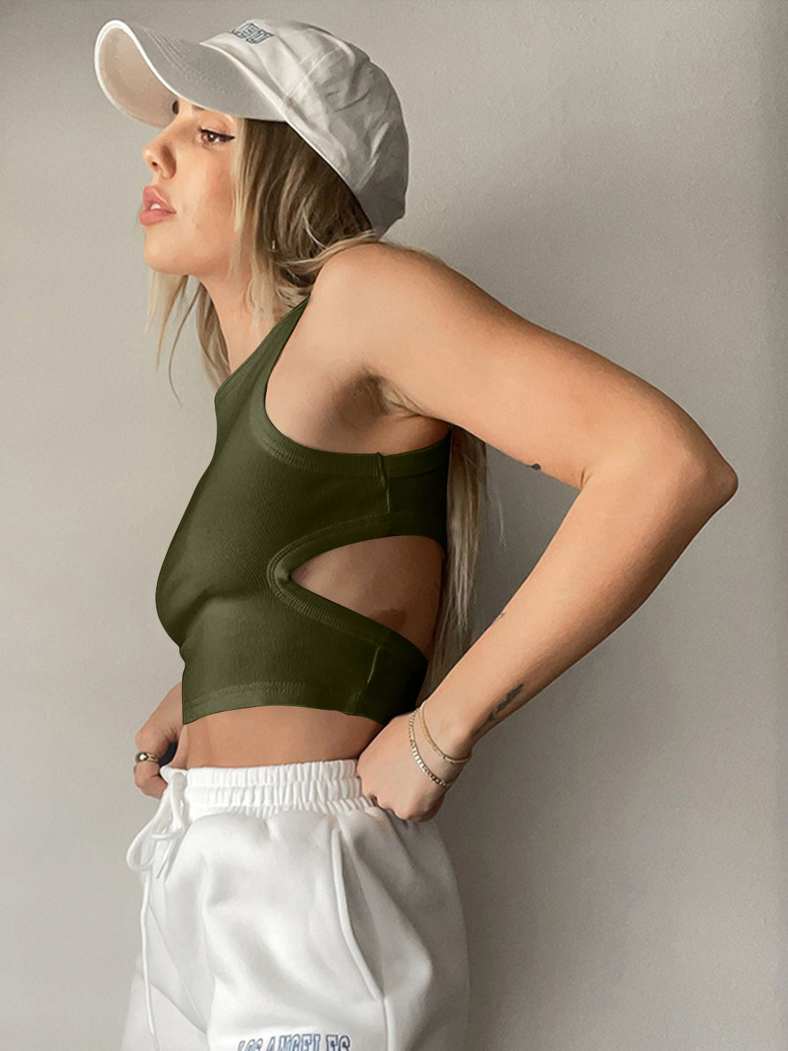 Cutout Round Neck Tank in a stylish design, showcasing its unique cutout feature and comfortable fit.