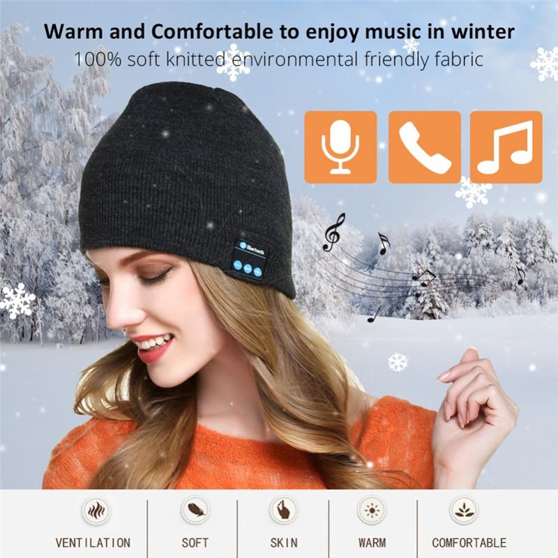 A stylish winter hat with built-in Bluetooth earphones, perfect for cycling and outdoor activities, featuring a soft knit design and ergonomic controls.