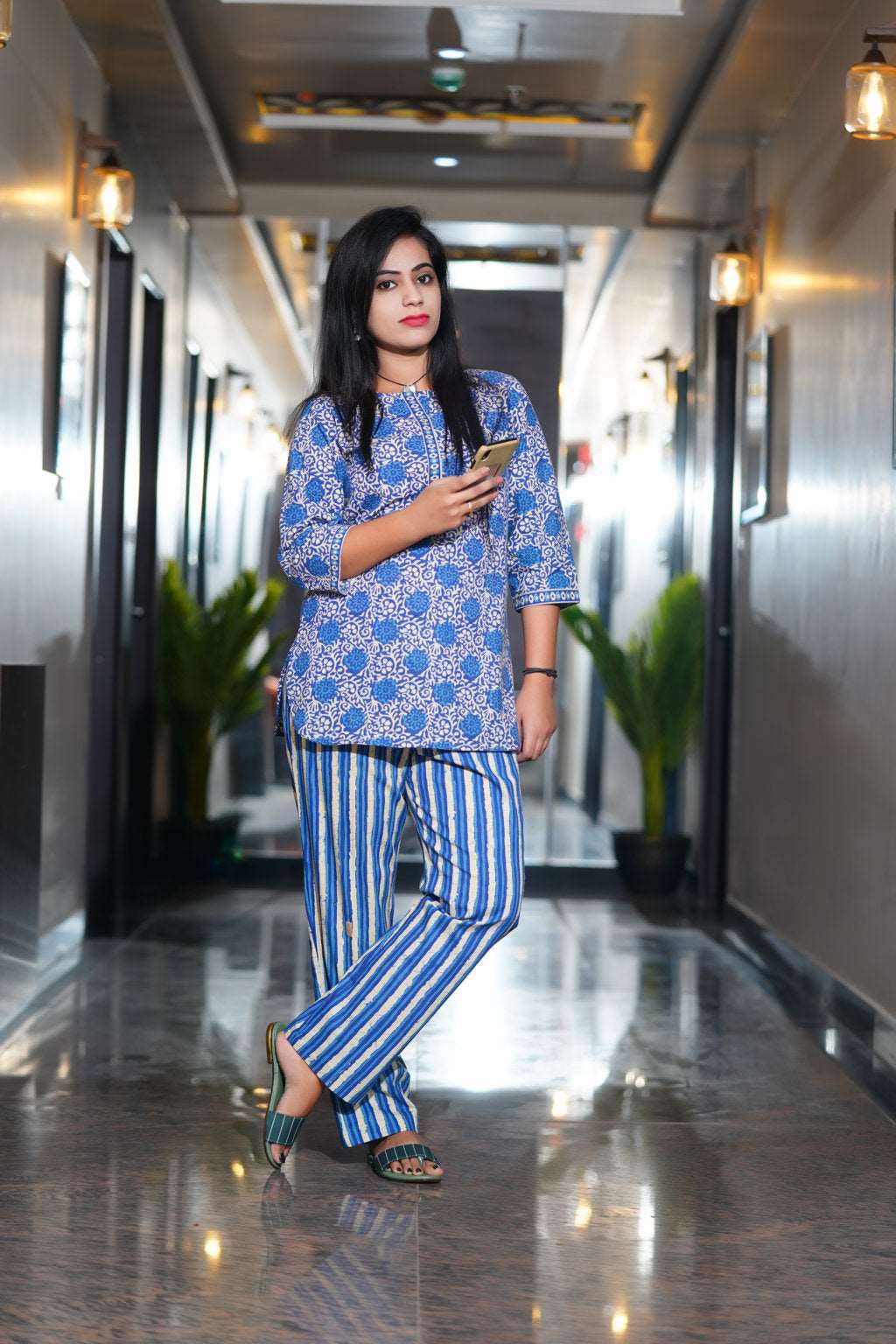 Daabu Blue Printed Cotton Night Suit featuring a comfortable top and pants set in vibrant blue print, perfect for cozy nights.