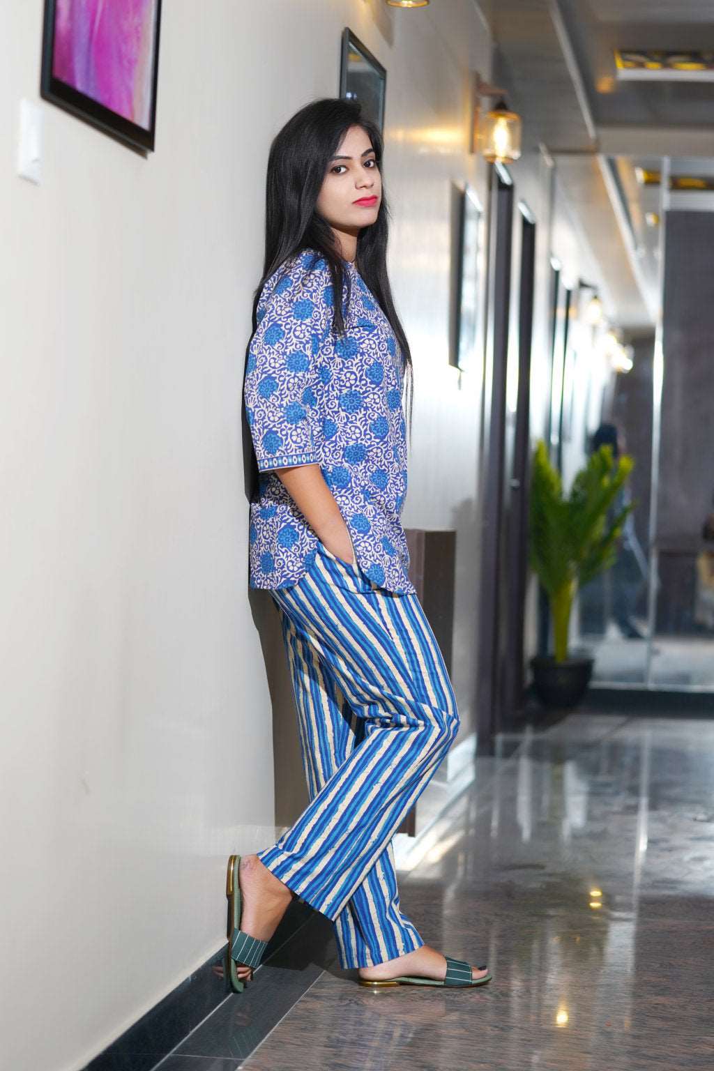 Daabu Blue Printed Cotton Night Suit featuring a comfortable top and pants set in vibrant blue print, perfect for cozy nights.