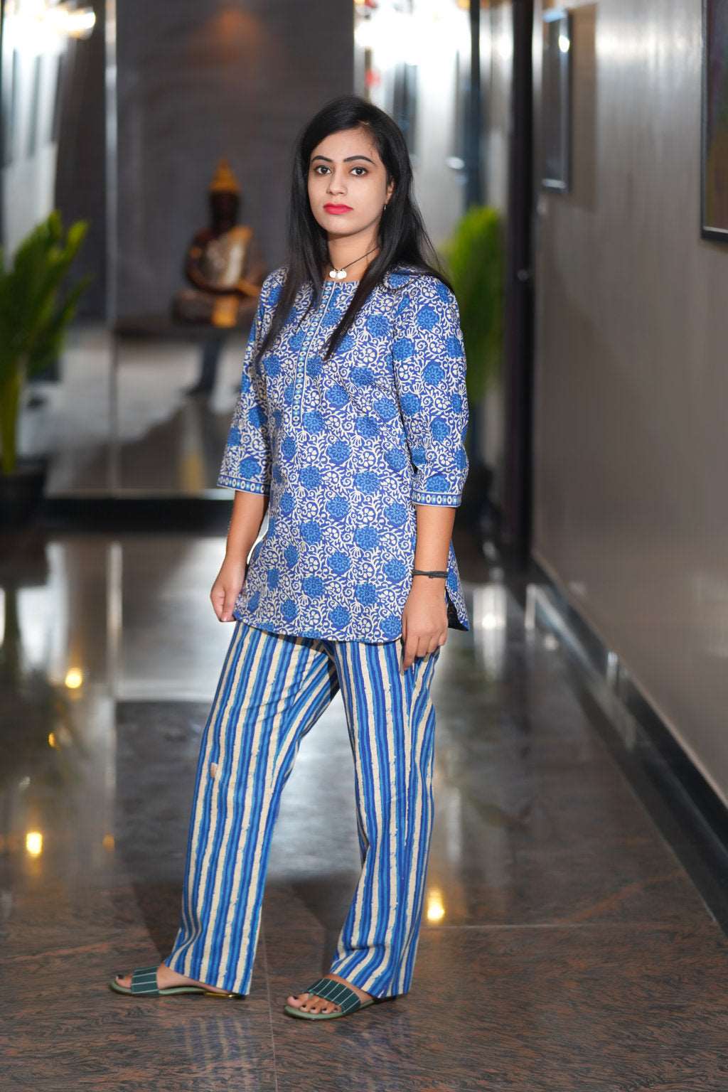 Daabu Blue Printed Cotton Night Suit featuring a comfortable top and pants set in vibrant blue print, perfect for cozy nights.