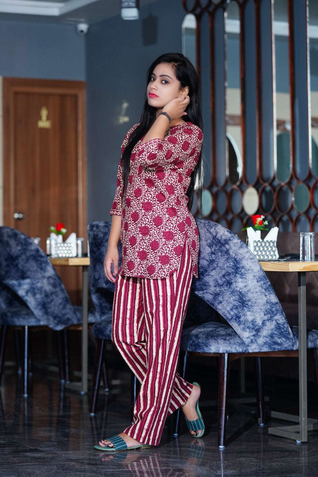 Daabu wine Printed Cotton Night Suit featuring a comfortable top and pants in a rich wine color, perfect for cozy nights.