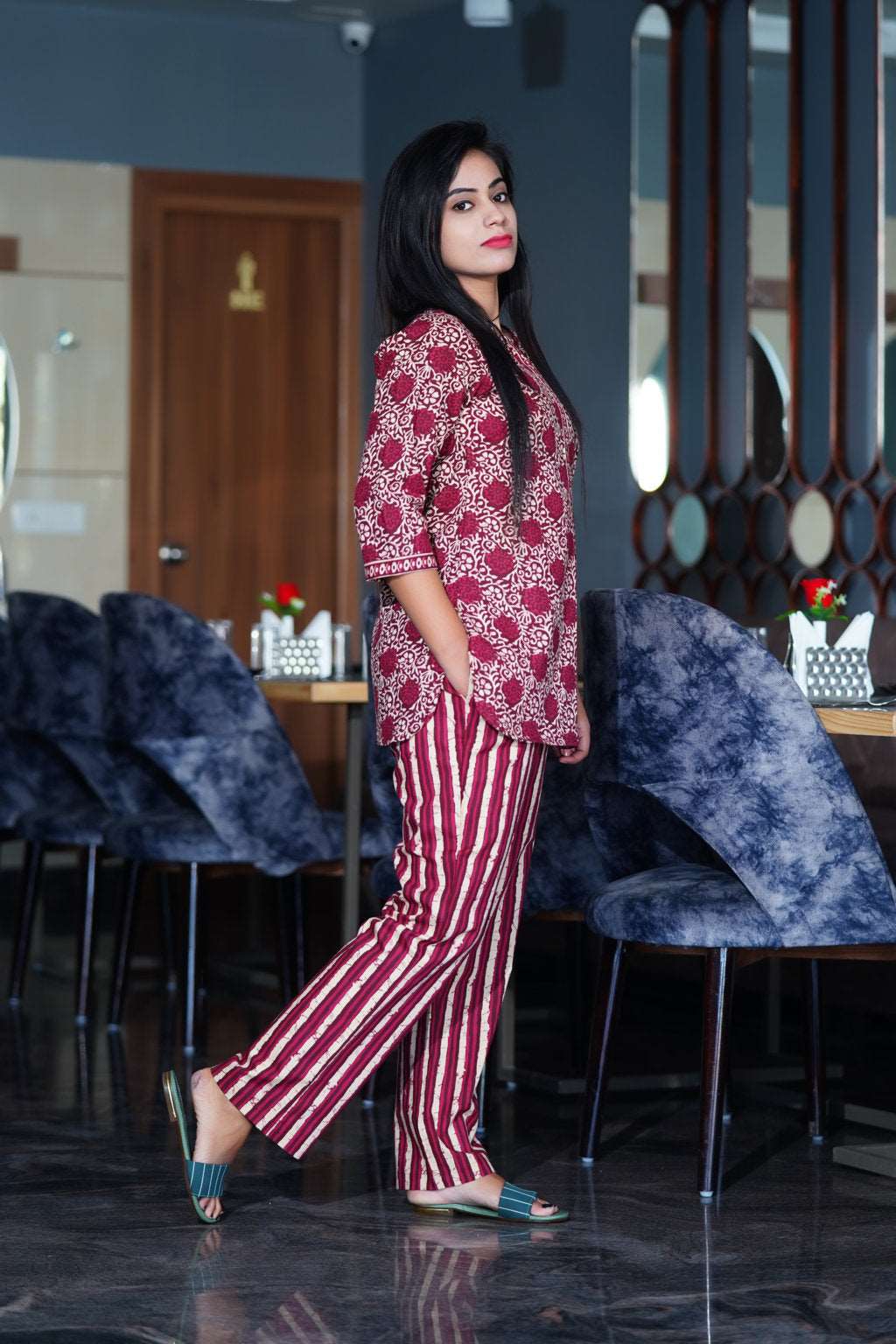 Daabu wine Printed Cotton Night Suit featuring a comfortable top and pants in a rich wine color, perfect for cozy nights.