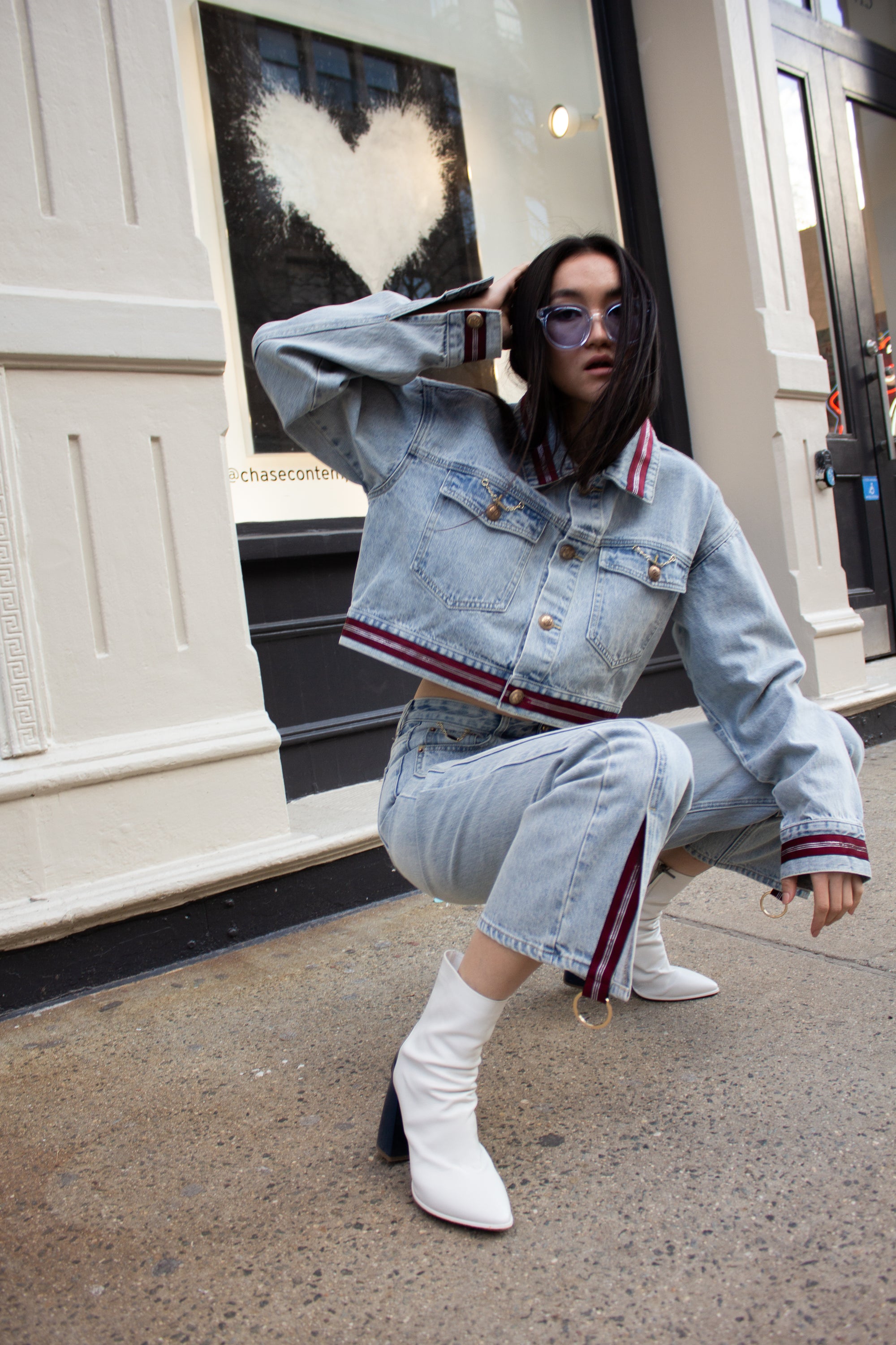 A pair of stylish Danielle Boyfriend Jeans displayed on a mannequin, showcasing their relaxed fit and 100% cotton fabric.