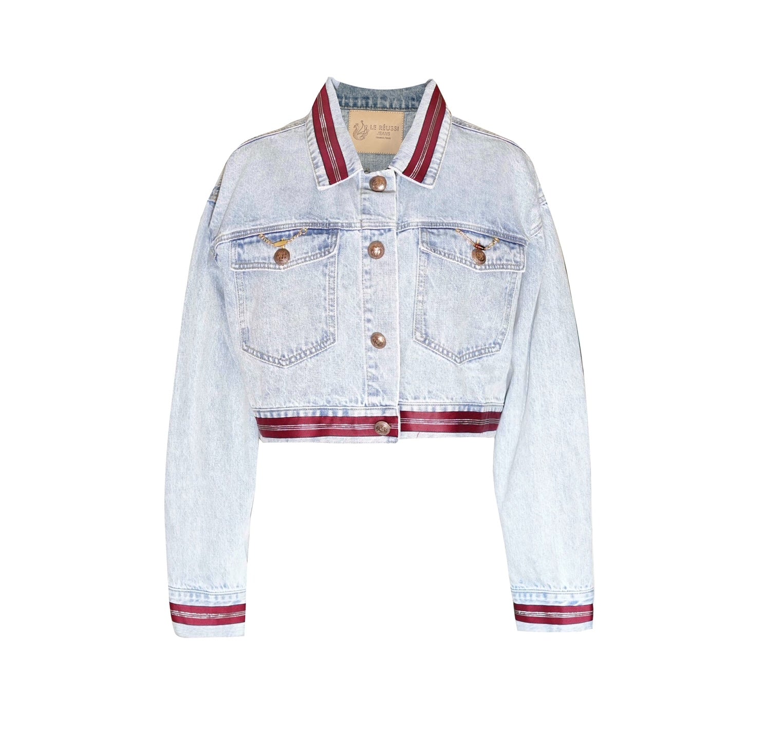 Danielle Denim Jacket featuring a stylish red lining, perfect for casual and chic outfits.