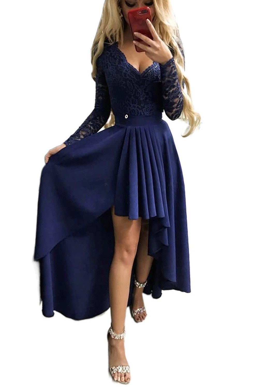 Dark blue evening dress featuring a V-neck, lace back, and high-low hem, perfect for formal occasions.