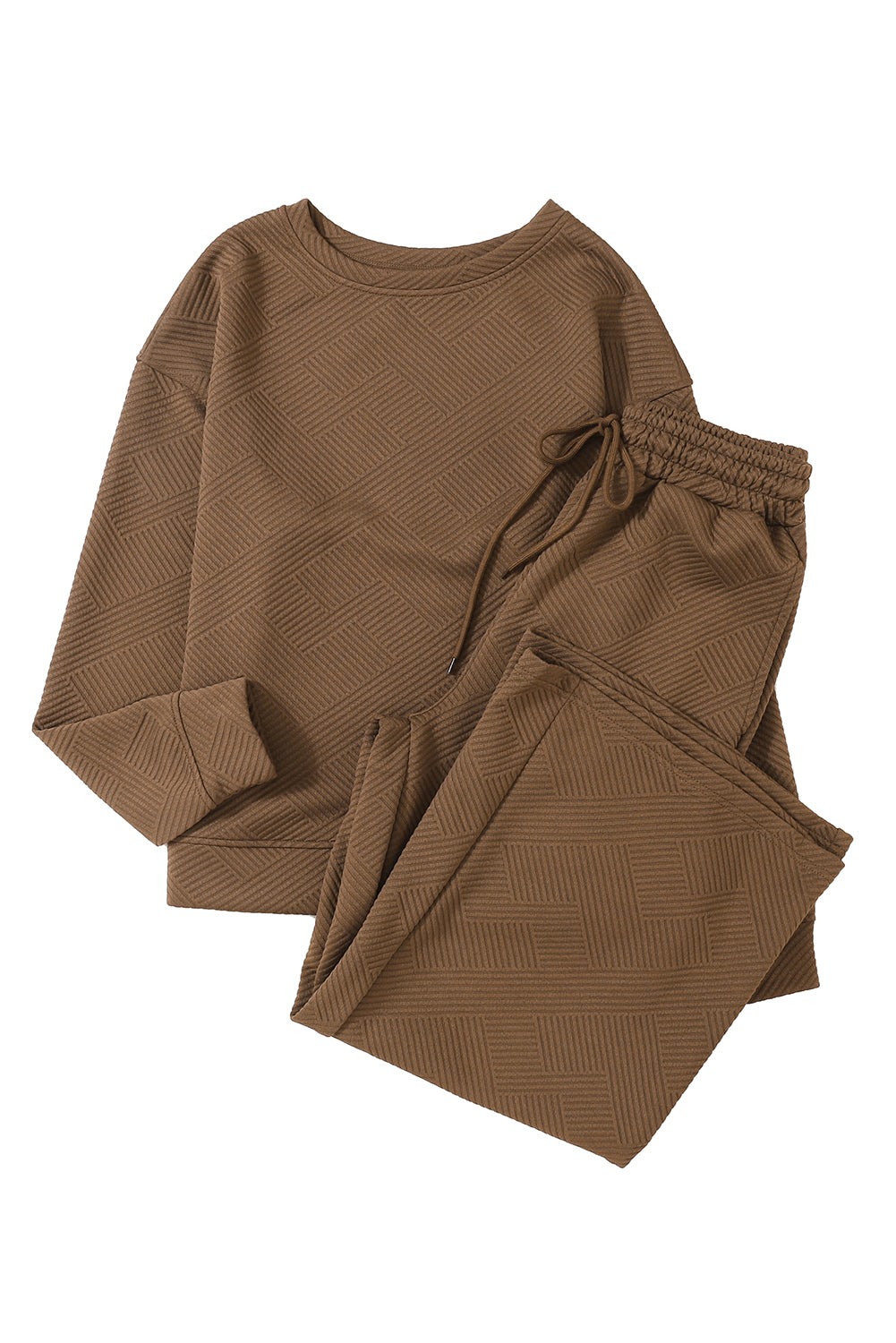 Dark brown ultra loose textured 2-piece slouchy outfit featuring a long-sleeved top and wide-leg pants with drawstrings.