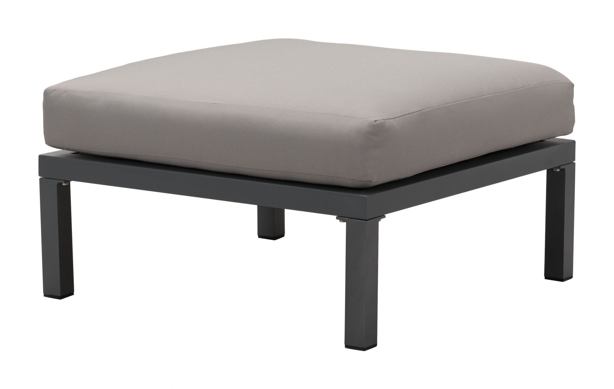 Dark gray outdoor ottoman with thick cushion, designed for comfort and durability, perfect for patio or deck use.