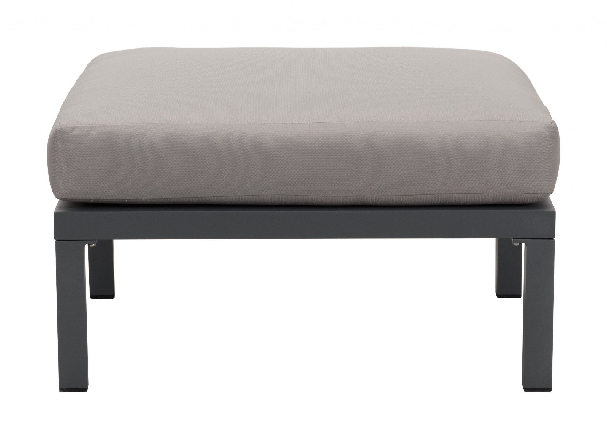 Dark gray outdoor ottoman with thick cushion, designed for comfort and durability, perfect for patio or deck use.