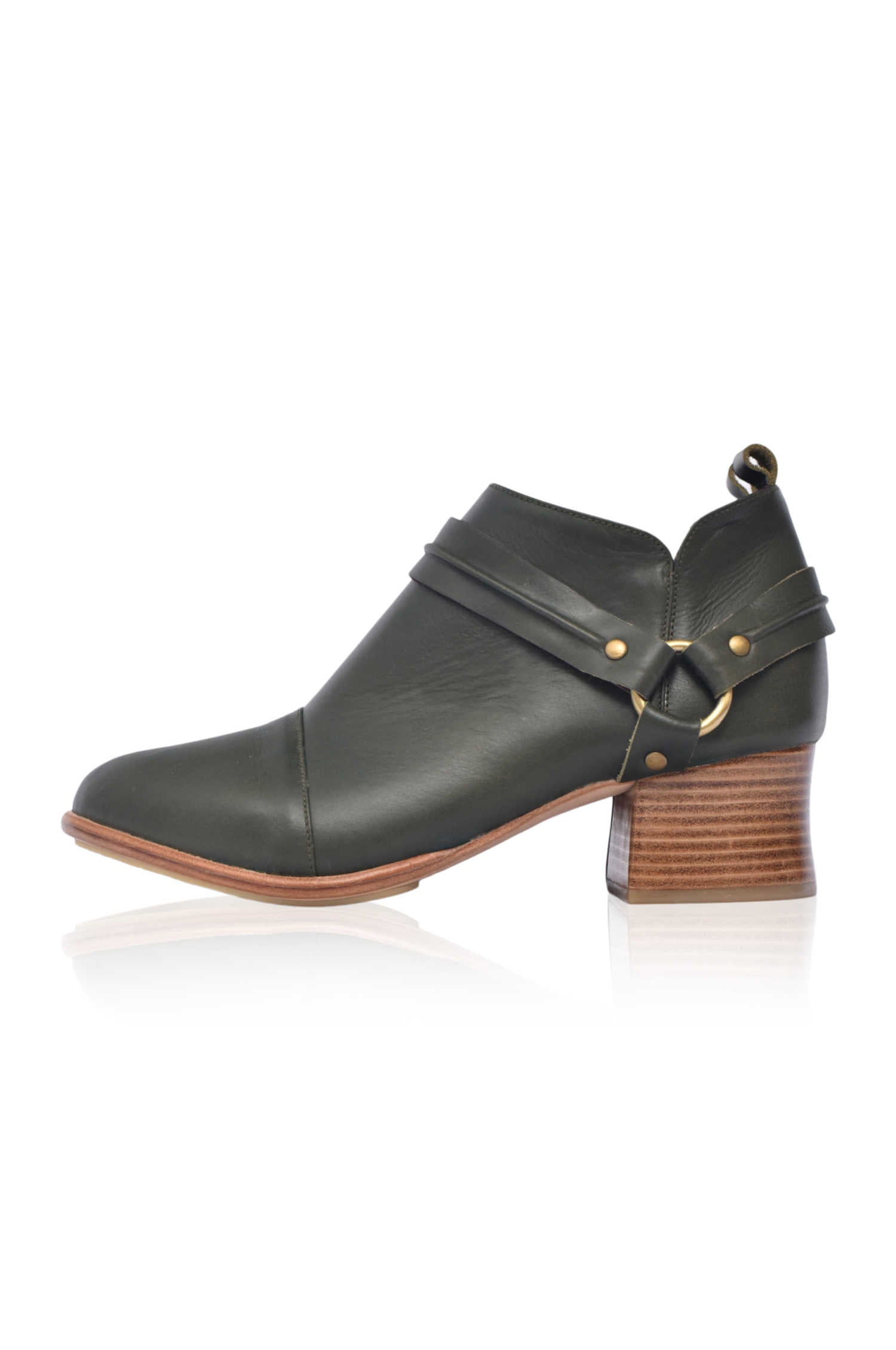 Dasha Low Ankle Booties in genuine leather with wild-west strap detailing, showcasing a stylish low-cut silhouette and a stacked wooden block heel.