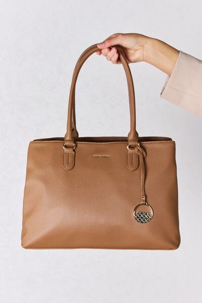 David Jones Structured Leather Handbag in sleek design, showcasing its medium size and faux leather material.