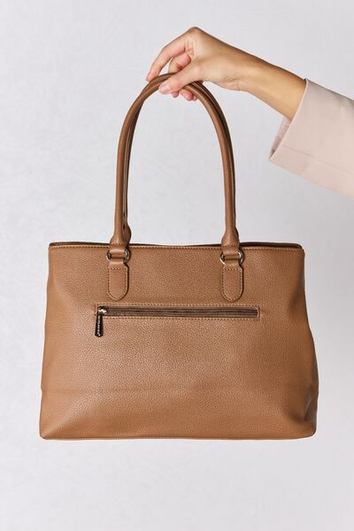 David Jones Structured Leather Handbag in sleek design, showcasing its medium size and faux leather material.