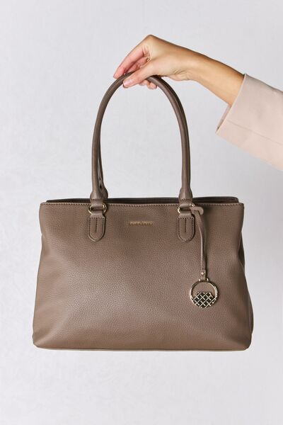 David Jones Structured Leather Handbag in sleek design, showcasing its medium size and faux leather material.