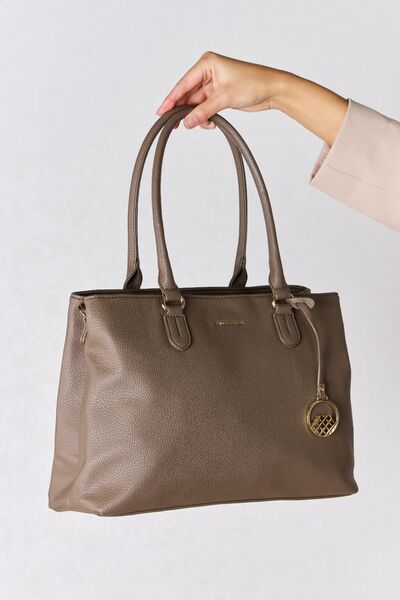 David Jones Structured Leather Handbag in sleek design, showcasing its medium size and faux leather material.