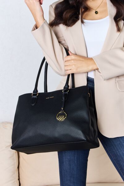 David Jones Structured Leather Handbag in sleek design, showcasing its medium size and faux leather material.