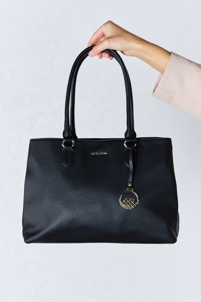 David Jones Structured Leather Handbag in sleek design, showcasing its medium size and faux leather material.