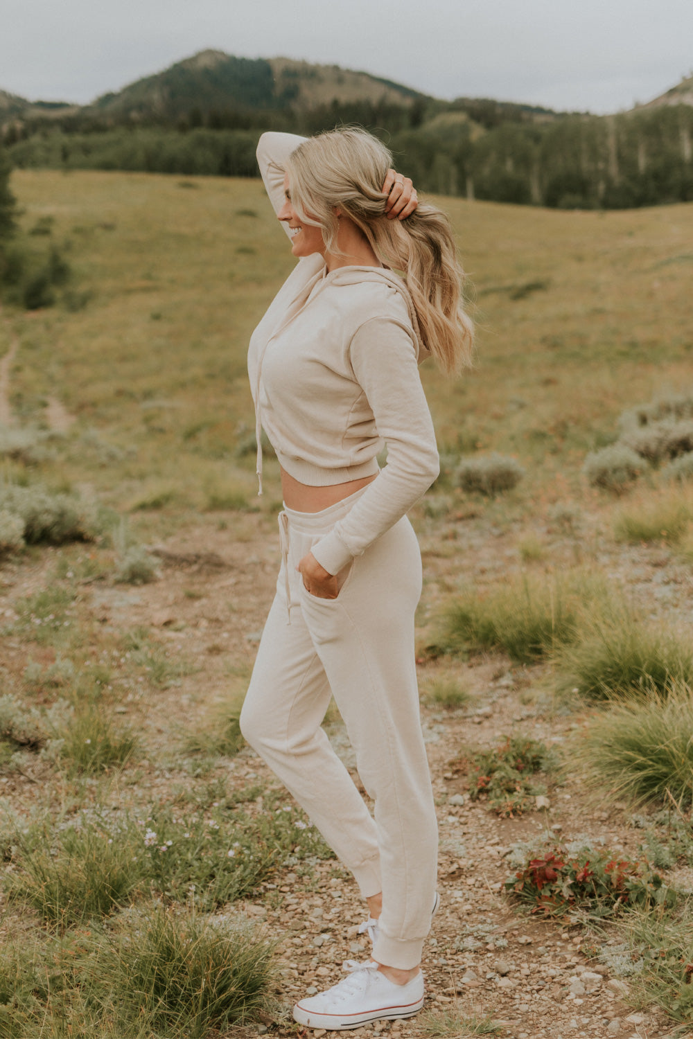 Day Break Hoodie 2.0 in Cream, showcasing its vintage cropped design and soft organic cotton fabric.