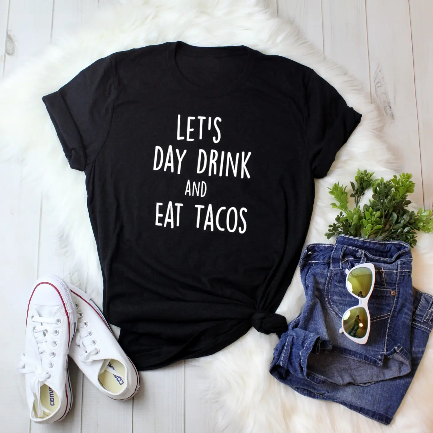 A stylish unisex Day Drink and Tacos Tee featuring a vibrant taco-themed design, perfect for casual wear.