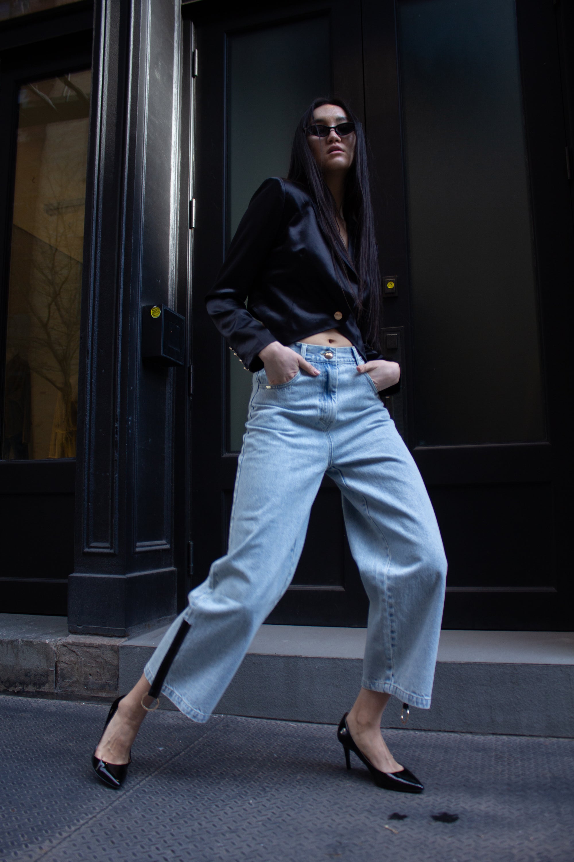 Demi Straight Cut Jeans displayed on a mannequin, showcasing the straight cut and 100% cotton fabric.