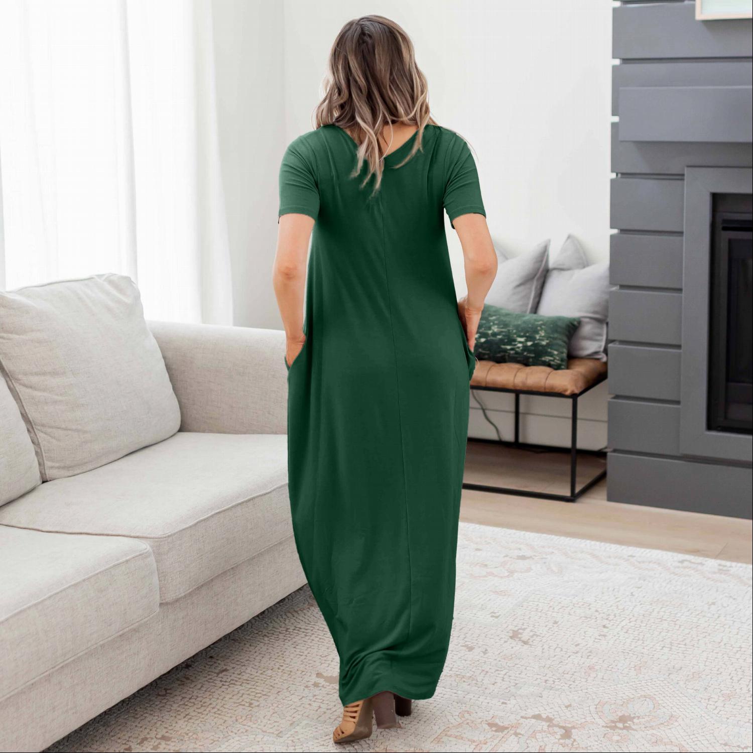 Demure V-Neck Maxi Dress featuring a flattering design with pockets, made from soft stretchy fabric, perfect for all seasons.