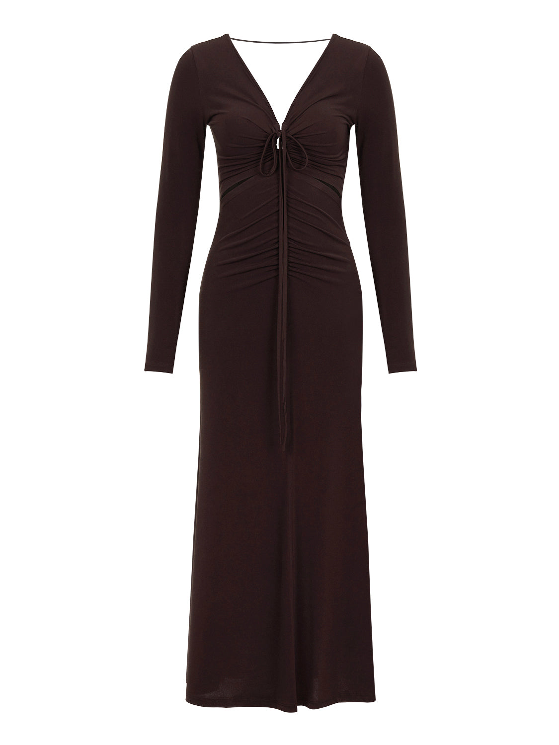 A stylish Deep V-Neck Midi Dress in Neo Brown with long sleeves, open back, and flounced hem, perfect for winter occasions.