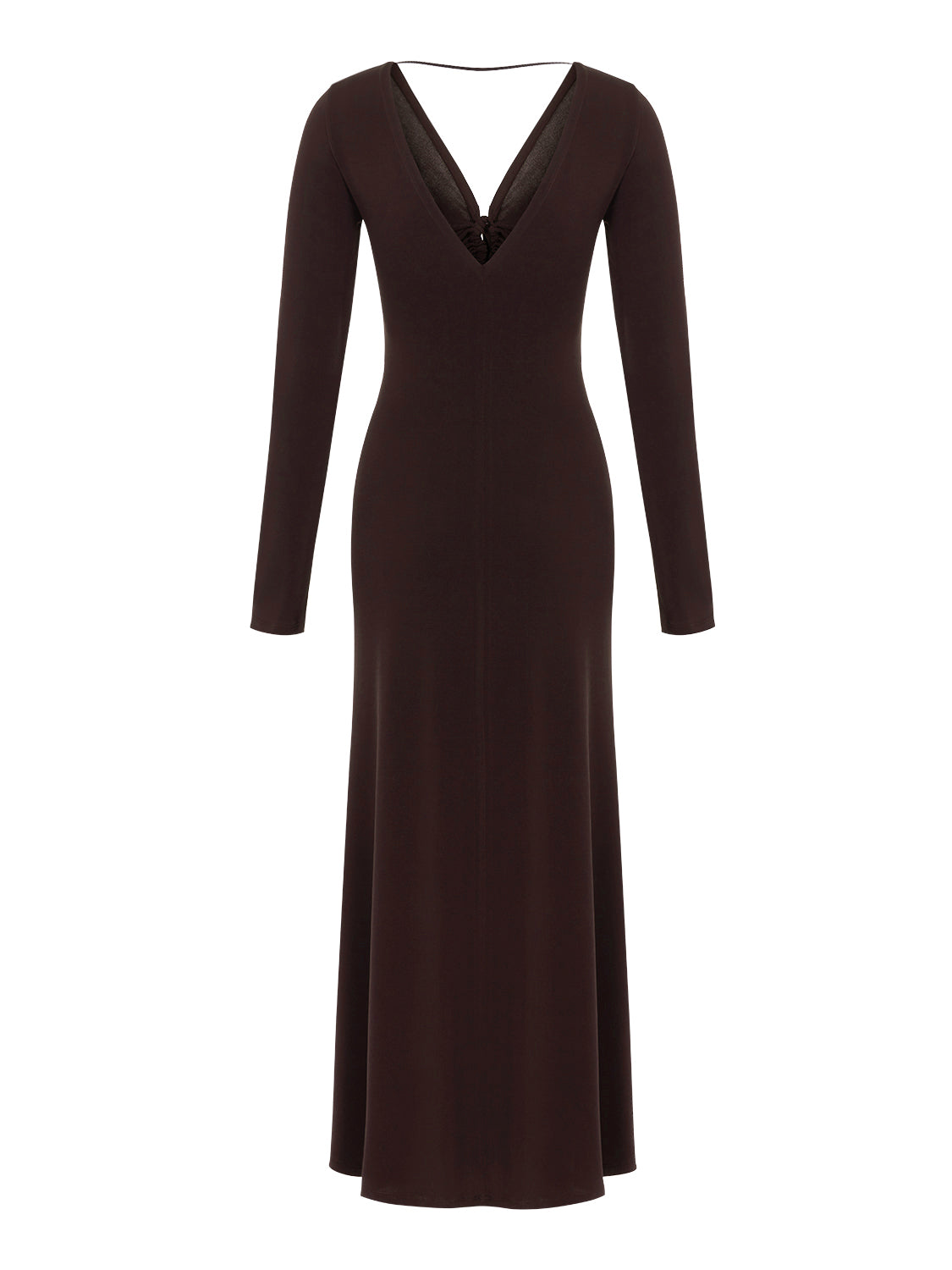 A stylish Deep V-Neck Midi Dress in Neo Brown with long sleeves, open back, and flounced hem, perfect for winter occasions.