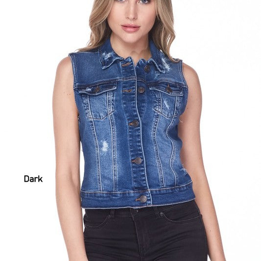 A stylish destructed denim vest featuring a rugged finish, button-up front, and chest pockets, perfect for layering over various outfits.