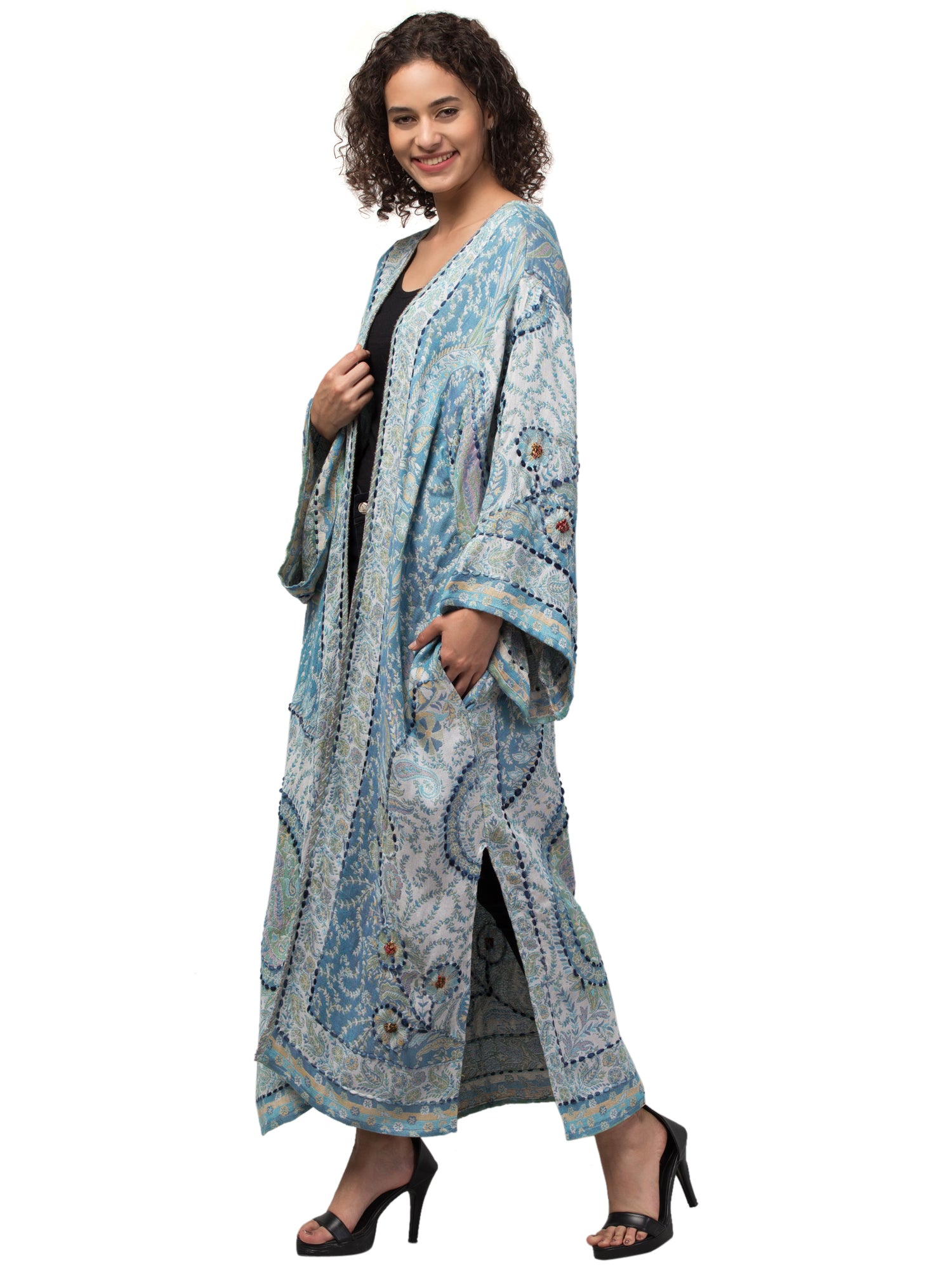 Diana Sapphire Kimono Jacket featuring intricate hand embroidery and vibrant colors, showcasing Bohemian style and artisanal craftsmanship.