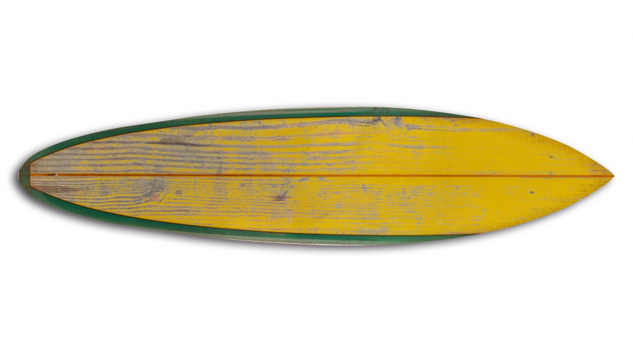 Distressed yellow surfboard wood panel wall art with rustic finish, showcasing vibrant colors and unique design, ready to hang.