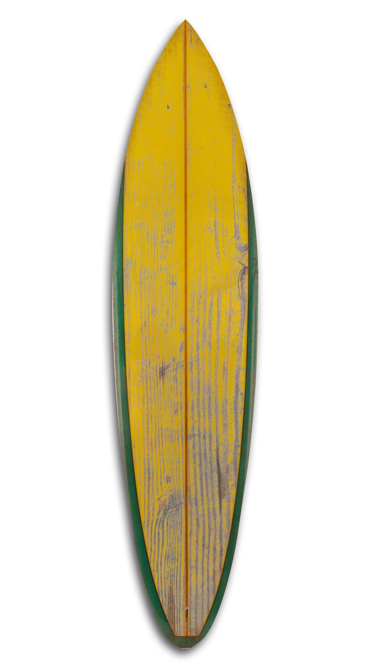 Distressed yellow surfboard wood panel wall art with rustic finish, showcasing vibrant colors and unique design, ready to hang.