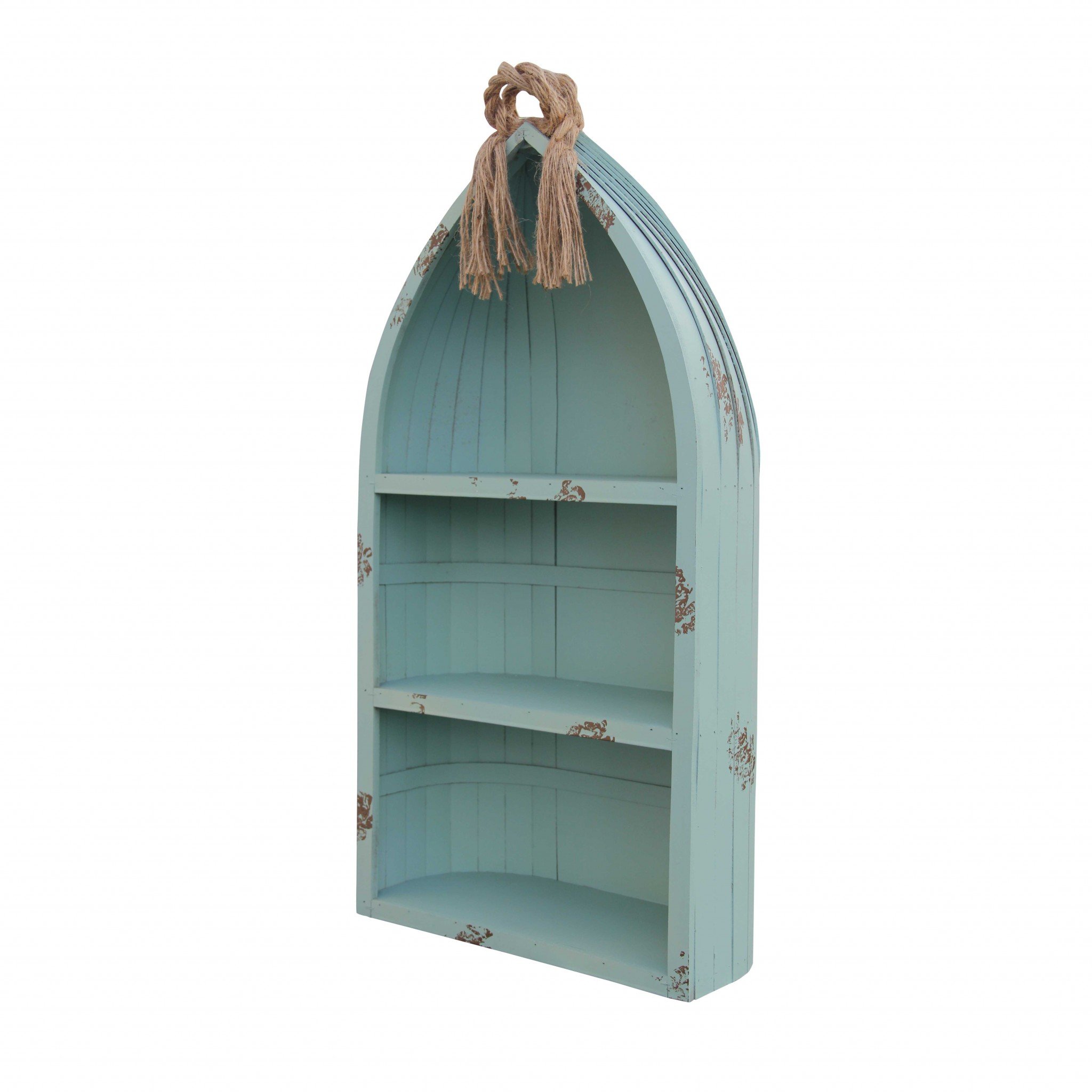 Distressed Blue Canoe Hanging Shelf showcasing a unique rowboat design with three tiers, made from wood, rope, and metal, perfect for home decor.