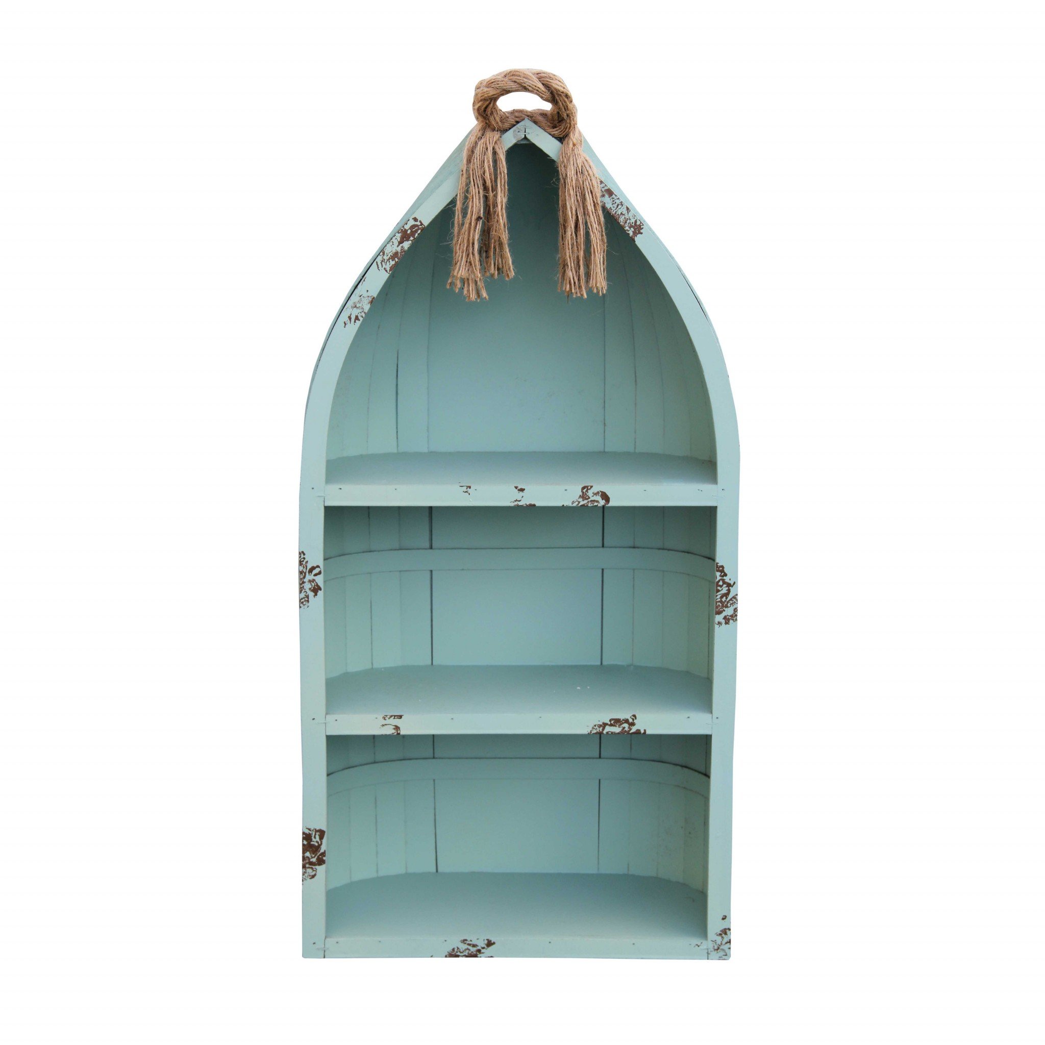 Distressed Blue Canoe Hanging Shelf showcasing a unique rowboat design with three tiers, made from wood, rope, and metal, perfect for home decor.