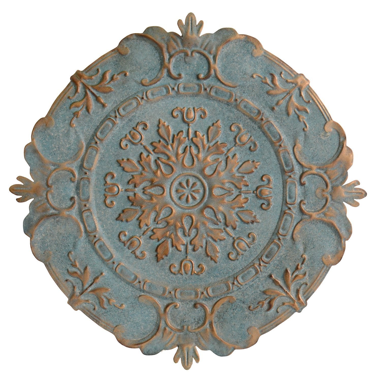 Distressed Blue European Medallion Metal Wall Decor featuring intricate designs and a vintage finish, perfect for enhancing home interiors.